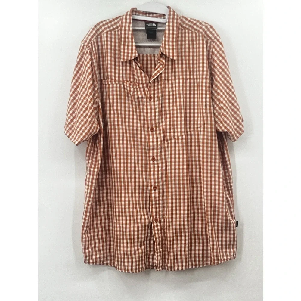 The North Face Men's XL Button Down Orange Plaid Short Sleeve Pocket Zip Shirt